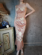 Elegant Pink Mermaid Spaghetti Strap Lace Embroidered Satin Formal Prom Dress