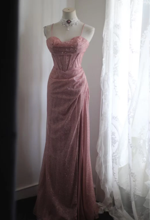 Elegant Pink Mermaid Spaghetti Strap Sequined Long Formal Prom Dress Secondary image