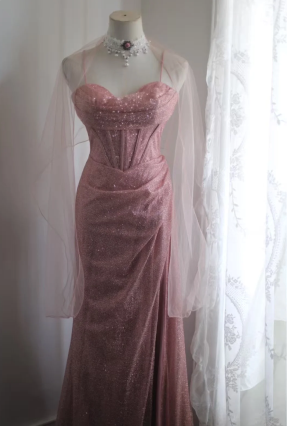 Elegant Pink Mermaid Spaghetti Strap Sequined Long Formal Prom Dress