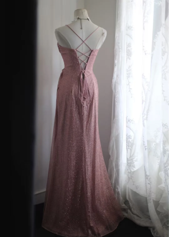 Elegant Pink Mermaid Spaghetti Strap Sequined Long Formal Prom Dress