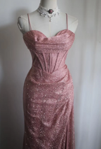 Elegant Pink Mermaid Spaghetti Strap Sequined Long Formal Prom Dress
