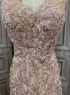 Elegant Pink Mermaid V-Neck Lace Embroidery Tulle Long Formal Prom Dress