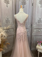 Elegant Pink Mermaid V-Neck Lace Embroidery Tulle Long Formal Prom Dress