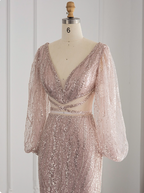 Elegant Pink Mermaid V-Neck Long Sleeve Sequin Long Formal Prom Dress