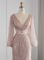 Elegant Pink Mermaid V-Neck Long Sleeve Sequin Long Formal Prom Dress