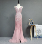 Elegant Pink Mermaid V-Neck Spaghetti Strap Full Rhinestone Slit Tulle Train Formal Prom Dress
