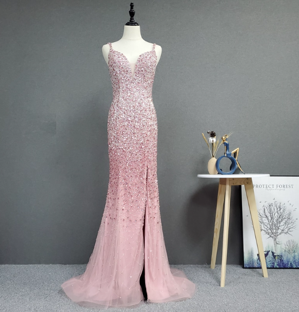 Elegant Pink Mermaid V-Neck Spaghetti Strap Full Rhinestone Slit Tulle Train Formal Prom Dress