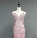 Elegant Pink Mermaid V-Neck Spaghetti Strap Full Rhinestone Slit Tulle Train Formal Prom Dress