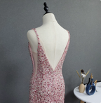 Elegant Pink Mermaid V-Neck Spaghetti Strap Full Rhinestone Slit Tulle Train Formal Prom Dress
