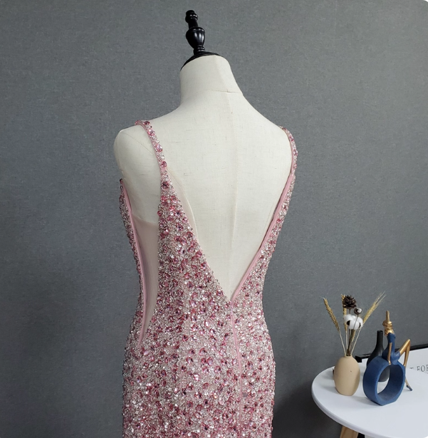 Elegant Pink Mermaid V-Neck Spaghetti Strap Full Rhinestone Slit Tulle Train Formal Prom Dress
