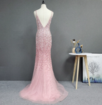 Elegant Pink Mermaid V-Neck Spaghetti Strap Full Rhinestone Slit Tulle Train Formal Prom Dress