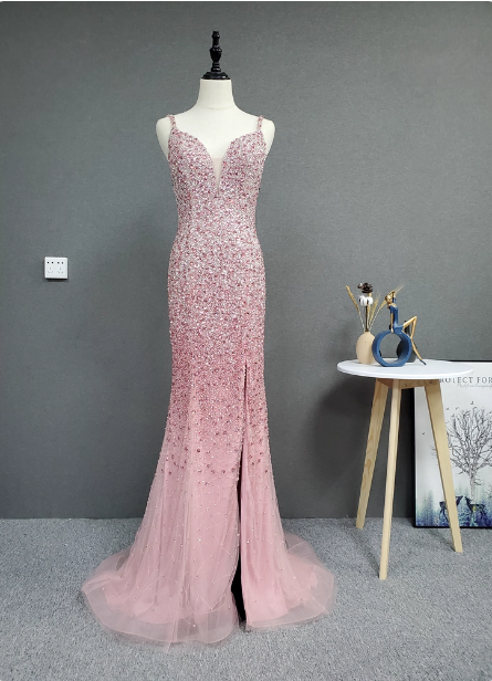 Elegant Pink Mermaid V-Neck Spaghetti Strap Full Rhinestone Slit Tulle Train Formal Prom Dress Main image