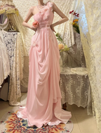 Elegant Pink Off-shoulder 3D Flower Pleated Chiffon Long Prom Dress