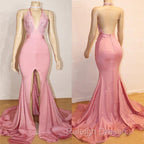 Elegant Pink Prom Prom Gown| Backless Lace Prom Gowns With Slit
