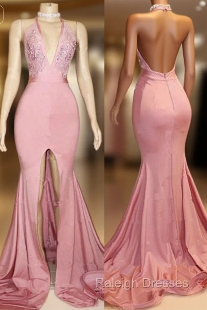 Elegant Pink Prom Prom Gown| Backless Lace Prom Gowns With Slit Main image