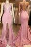 Elegant Pink Prom Prom Gown| Backless Lace Prom Gowns With Slit