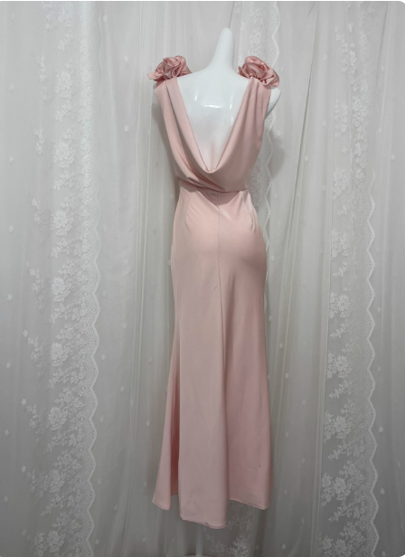 Elegant Pink Sleeveless 3D Floral Crew Neck Satin Long Formal Prom Dress