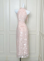 Elegant Pink Slim Halter Neck Jacquard Slit Long Formal Prom Dress