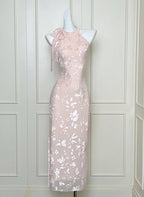 Elegant Pink Slim Halter Neck Jacquard Slit Long Formal Prom Dress