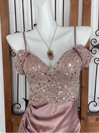 Elegant Pink Spaghetti Strap V-Neck Off-The-Shoulder Slit Sequin Satin Long Formal Prom Dress