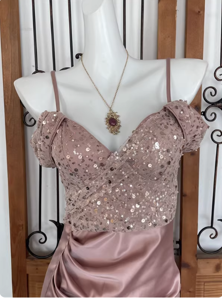 Elegant Pink Spaghetti Strap V-Neck Off-The-Shoulder Slit Sequin Satin Long Formal Prom Dress