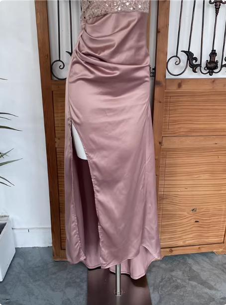 Elegant Pink Spaghetti Strap V-Neck Off-The-Shoulder Slit Sequin Satin Long Formal Prom Dress