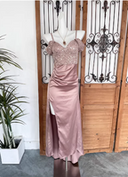 Elegant Pink Spaghetti Strap V-Neck Off-The-Shoulder Slit Sequin Satin Long Formal Prom Dress