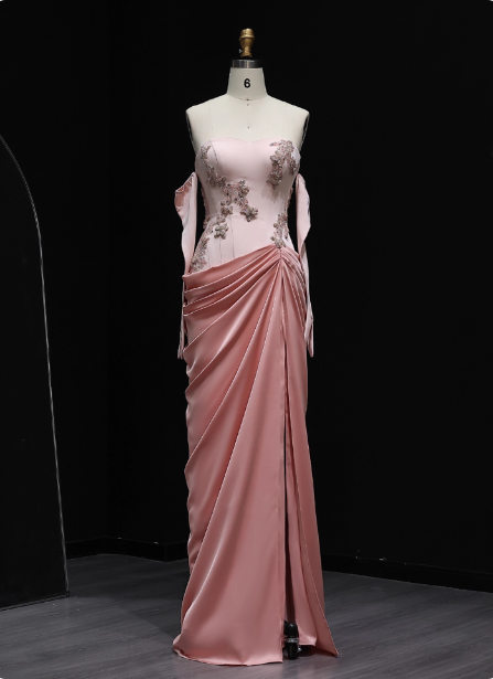 Elegant Pink Strapless Embroidered Floral Satin Slit Long Formal Prom Dress Main image