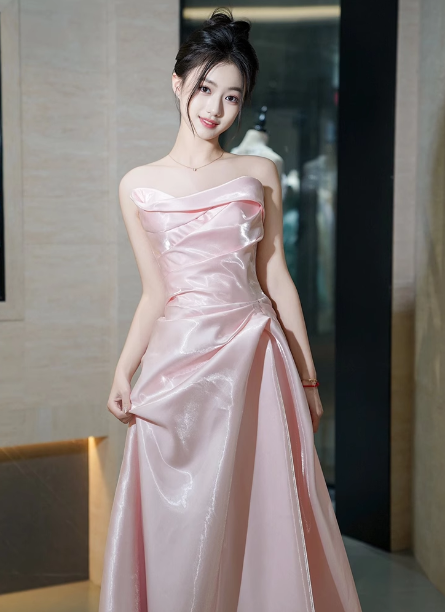 Elegant Pink Strapless Ruffled Satin Long Formal Prom Dress Bridesmaid Dress Secondary image