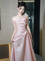 Elegant Pink Strapless Ruffled Satin Long Formal Prom Dress Bridesmaid Dress