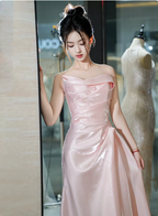 Elegant Pink Strapless Ruffled Satin Long Formal Prom Dress Bridesmaid Dress
