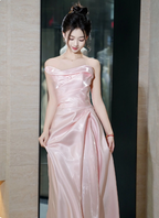 Elegant Pink Strapless Ruffled Satin Long Formal Prom Dress Bridesmaid Dress