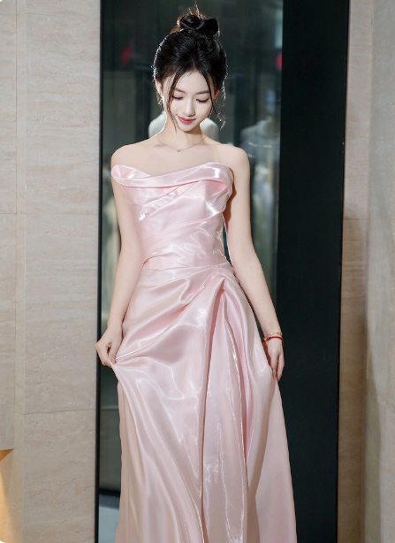 Elegant Pink Strapless Ruffled Satin Long Formal Prom Dress Bridesmaid Dress