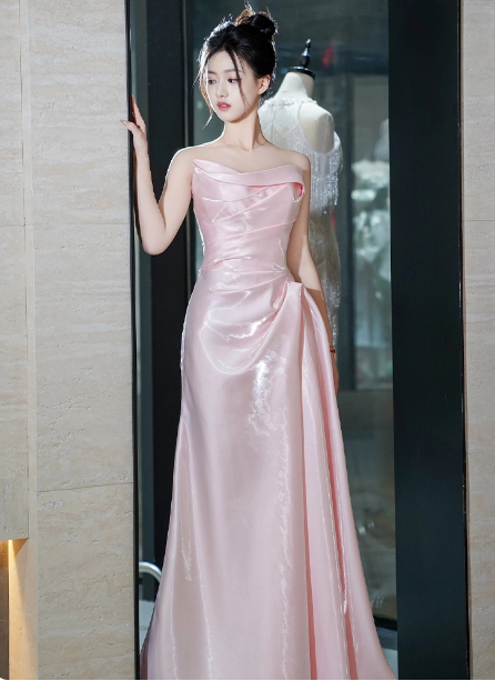 Elegant Pink Strapless Ruffled Satin Long Formal Prom Dress Bridesmaid Dress