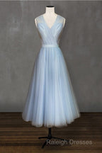 Elegant Pleated Tulle Midi Prom Party Dresses