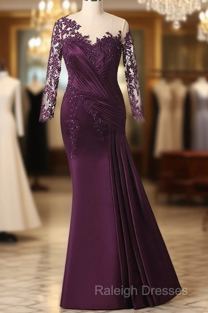 Elegant Plus Size Mermaid Long Sleeves Floor-Length Prom Dresses With Lace Appliques