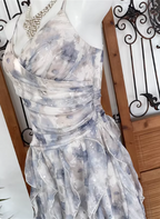 Elegant Printed Spaghetti Strap V-Neck Ruffled Layered Tulle Formal Prom Dress