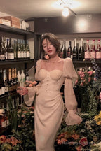 Elegant Puff Sleeve Midi Corset Maxi Prom Dresses Evening Birthday Outfits