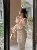 Elegant Puff Sleeve Midi Corset Maxi Prom Dresses Evening Birthday Outfits