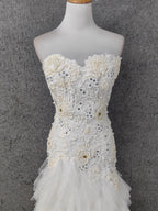 Elegant Pure White Sweetheart Neck Pearl Lace Tulle Long Formal Prom Dress