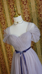 Elegant Purple A-Line Puff Sleeve Tulle Long Formal Prom Dress Bridesmaid Dress