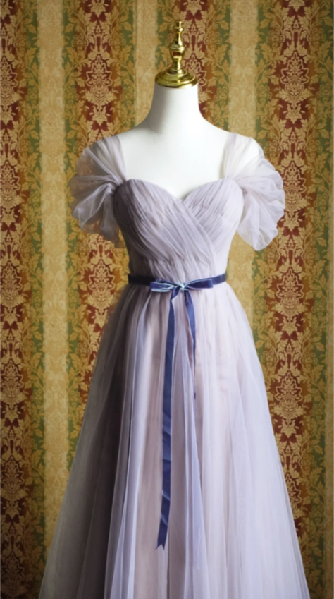 Elegant Purple A-Line Puff Sleeve Tulle Long Formal Prom Dress Bridesmaid Dress