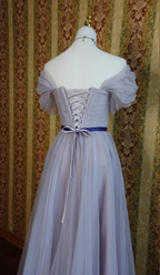 Elegant Purple A-Line Puff Sleeve Tulle Long Formal Prom Dress Bridesmaid Dress