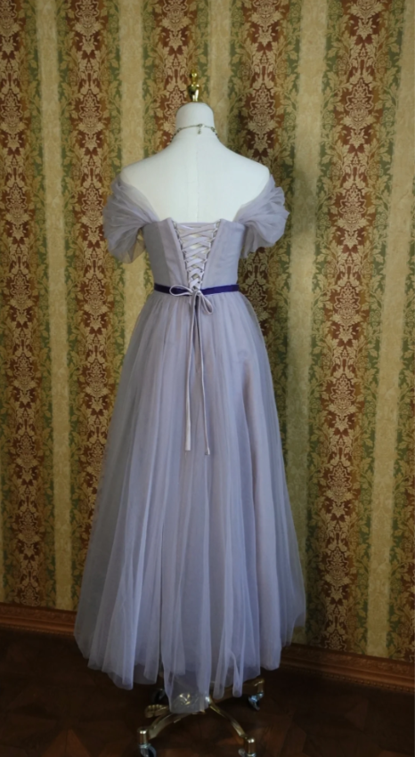 Elegant Purple A-Line Puff Sleeve Tulle Long Formal Prom Dress Bridesmaid Dress