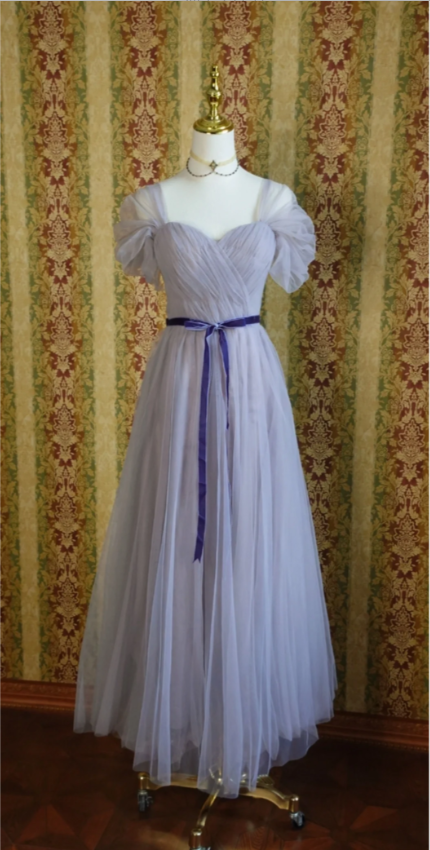 Elegant Purple A-Line Puff Sleeve Tulle Long Formal Prom Dress Bridesmaid Dress Main image