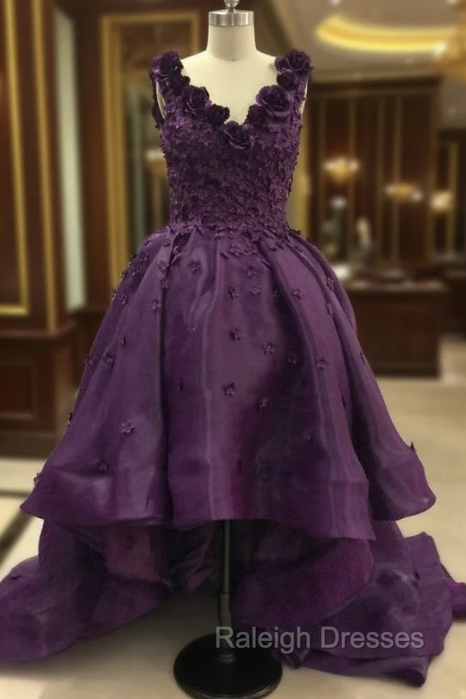 Elegant Purple Deep V Neck Appliqued Floral Short Front Long Back High Low Prom Dresses