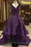 Elegant Purple Deep V Neck Appliqued Floral Short Front Long Back High Low Prom Dresses