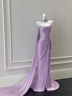 Elegant Purple Fitted Strapless Pleated Satin Long Formal Prom Dress