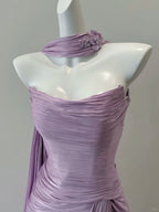 Elegant Purple Fitted Strapless Pleated Satin Long Formal Prom Dress