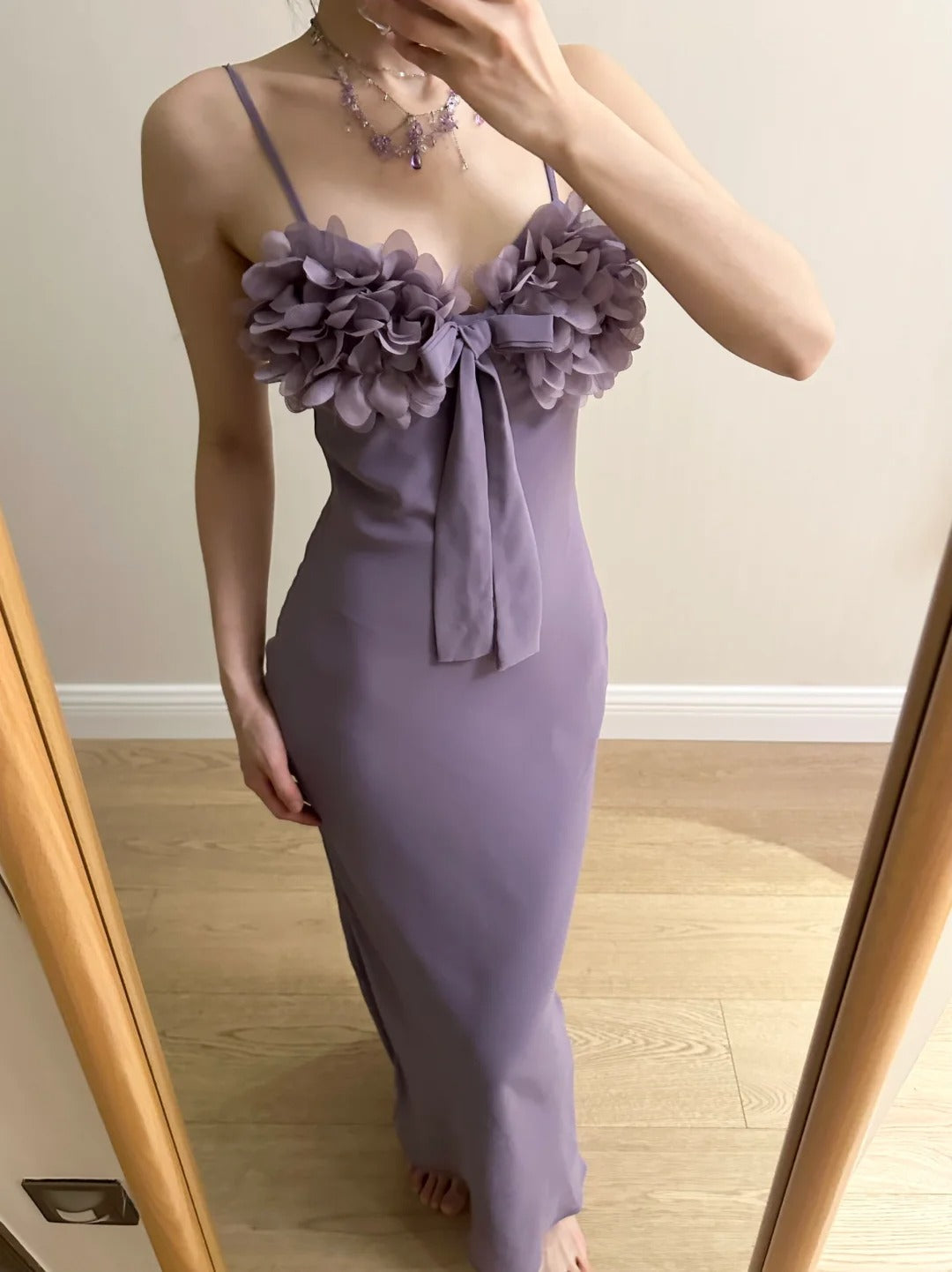 Elegant Purple Mermaid 3D Flower Bow Thin Strap Satin Long Formal Prom Dress Bridesmaid Dress